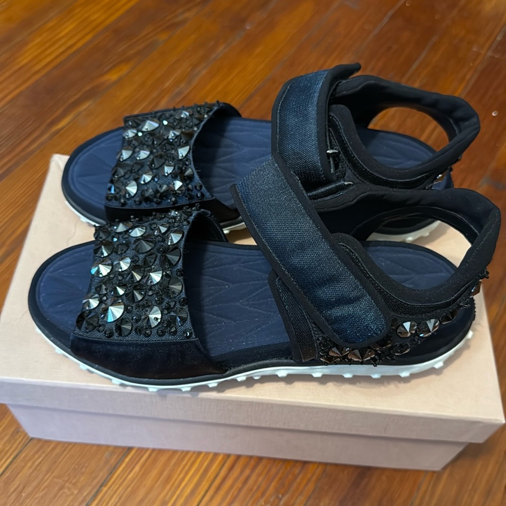 New in box Miu Miu Crystal sandals size 38.5 black and navy denim trim